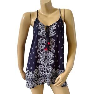 LUQ Womens Boho Paisley Keyhole Tassel Tank Top Large Sleeveless Navy Cami